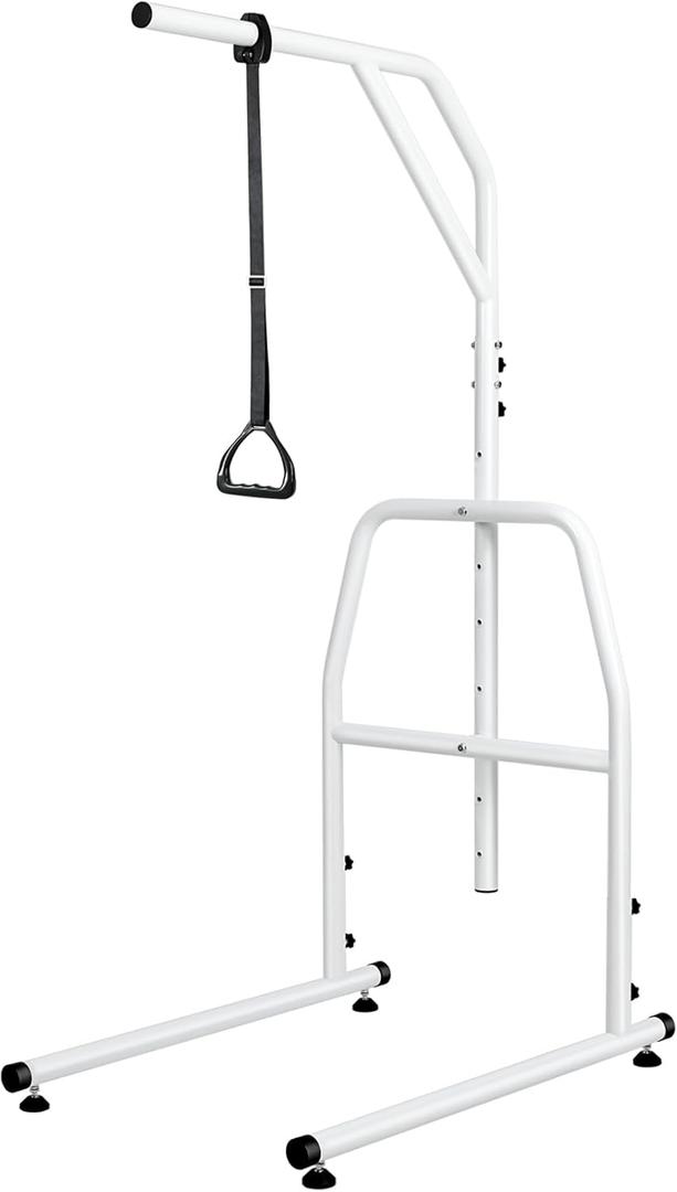 Trapeze Bar for Bed Mobility, Heavy Duty Pull Up Assist Bar with Floor Stand, 5Ft-7Ft Height Adjustable Trapeze Bar, Medical Patient Mover for Care Facilities, White (Fixed Feet)