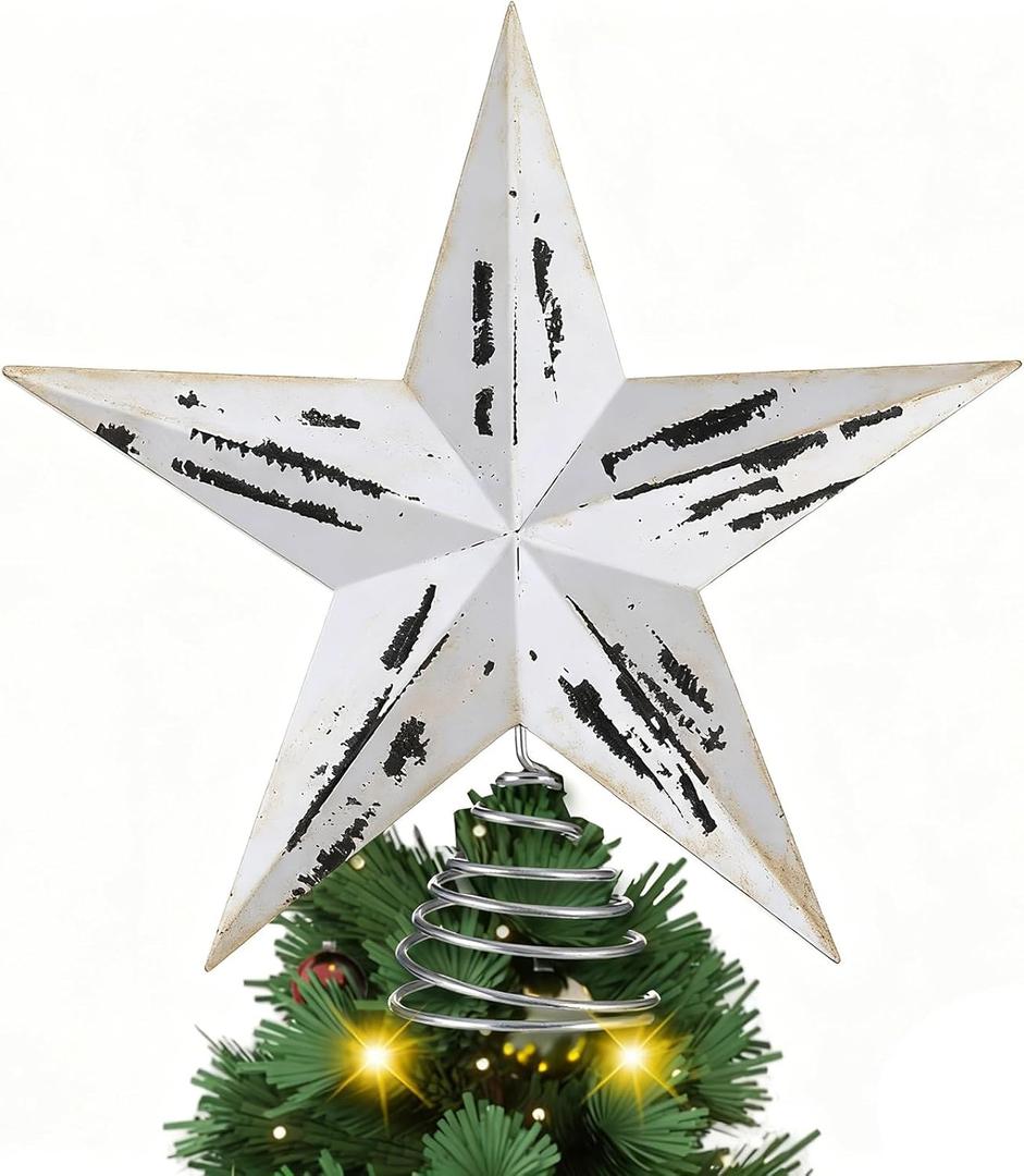 Gejoy 11'' Christmas Tree Topper Rustic Wooden Christmas 3D Five-Pointed Star Tree Topper Vintage Xmas Star Holiday Ornament for Party Office Holiday Indoor Outdoor Decoration