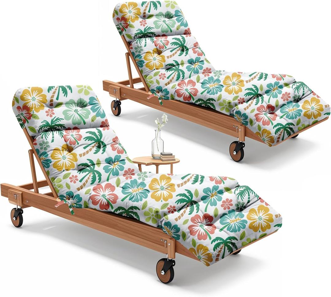 2 Pack Outdoor Chaise Lounge Chair Cushion 75.1 x 22.8 x 4.7 Inches 100% Waterproof Replacement Cotton Patio Pool Lounge Chair Cushion for Outdoor Furniture with Ties, Green Coconut Tree