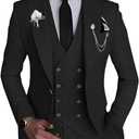 Wangyue Men's 3 Piece Slim Fit Suits Double Breasted Suit Men Formal Suit for Wedding Prom Dinner Party (Medium, Black)