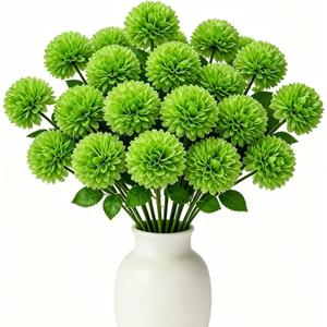 Floweroyal 24pcs Green Flowers Artificial Chrysanthemum Ball Silk Hydrangea Flowers Bridal Wedding Bouquet for Home Garden Party Office St Patricks Day Decor