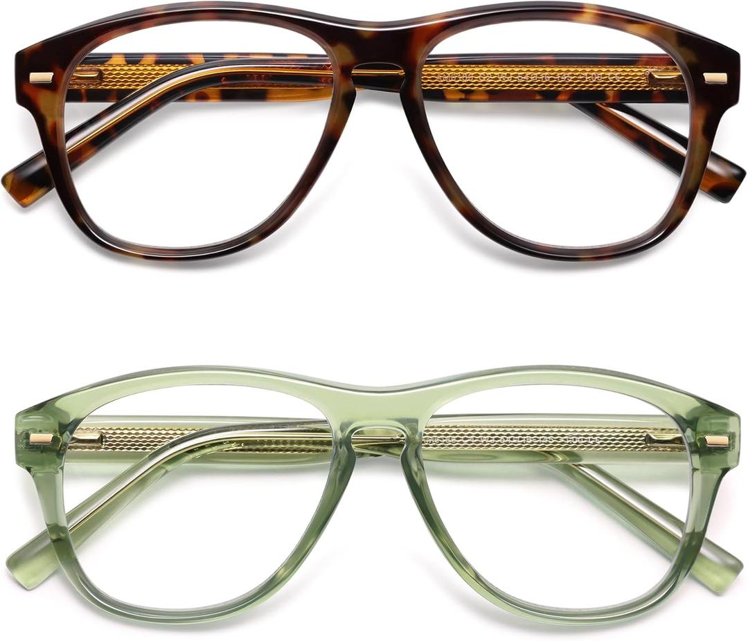 AMOMOMA Retro Aviator Reading Glasses for Women,Men,Men Blue Light Blocking Computer Readers Spring hinge AM6186 (Ac2.tortoise+c4.transparent Green)