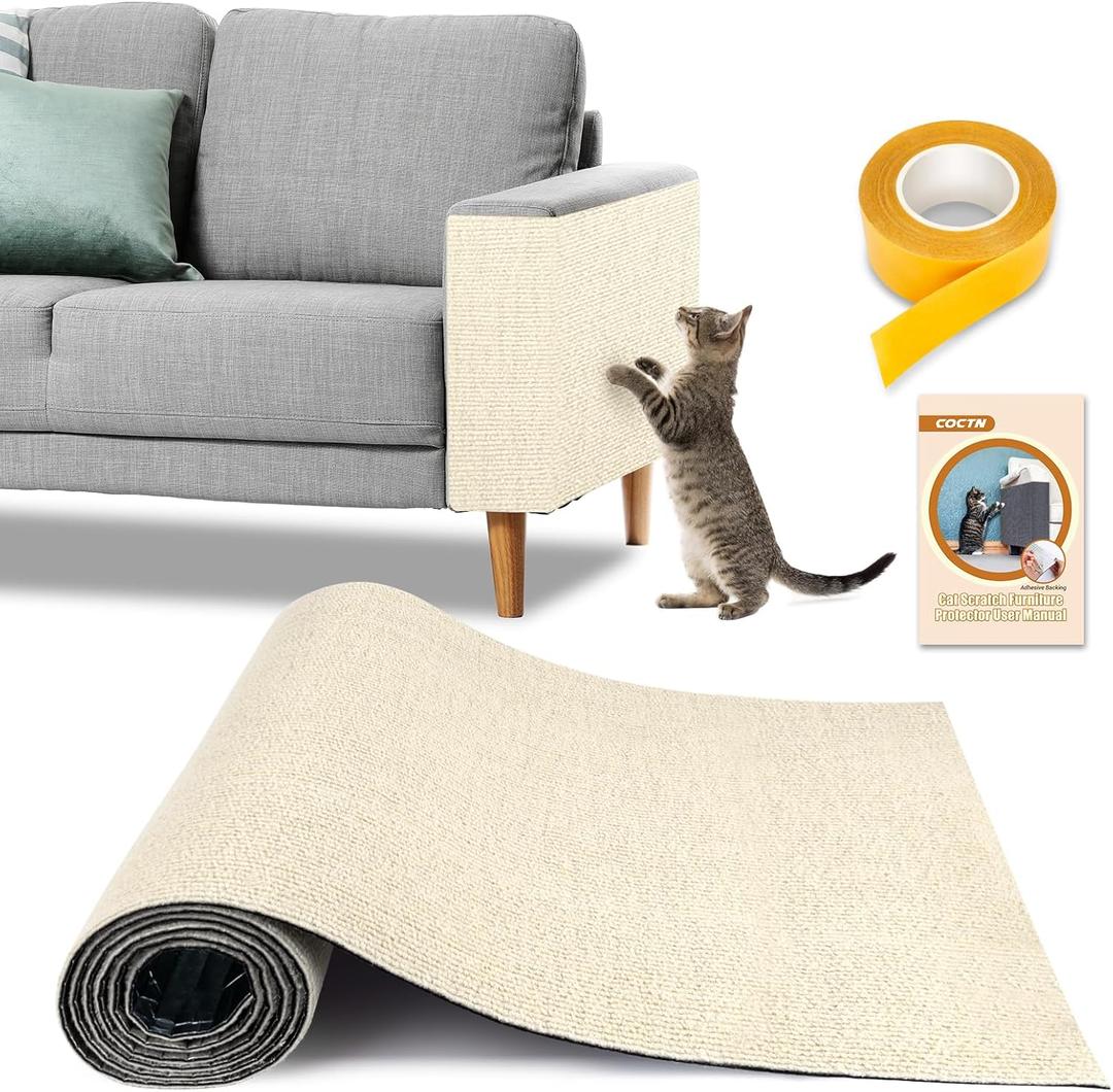Cat Scratch Couch Furniture Protector, 90" x 16" Trimmable Anti-Scratch Couch Protector from Cat Claws with Double Self-Adhesive Carpet, Great for Sofa & Indoor Wooden Furniture (Off White)