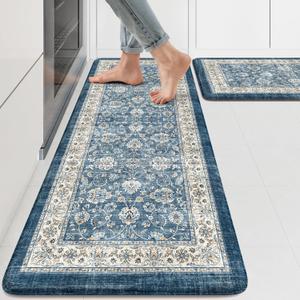 KIMODE Anti Fatigue Kitchen Mats 17.3" x 47"+17.3" x 29", Boho Blue Kitchen Rugs Sets of 2, Non Slip Waterproof Kitchen Floor Mats, Vintage Memory Foam Kitchen Mat for Sink, Laundry, Desk