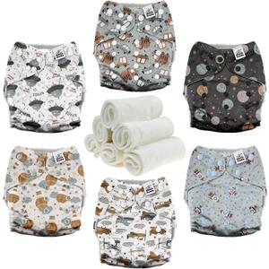 Mama Koala 3.0 Cloth Diapers for Babies with AWJ Lining, 6 Pack with 6 Natural Cloth Diaper Inserts - Reusable and Washable Pocket Diapers (Space Ranger)