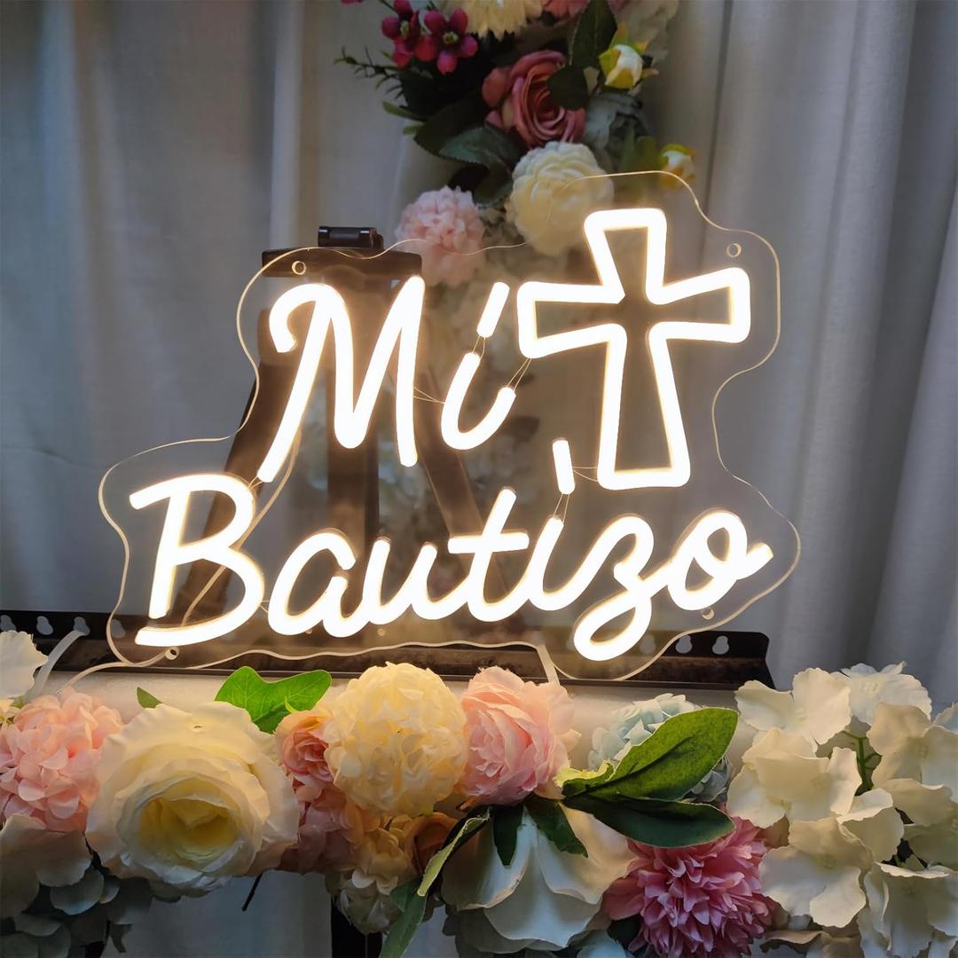 Mi Bautizo Neon Signs for Wall Decor, 14.2 * 10 Inches My Baptism Led Light Sign Perfect for Children's Birthday Party, Bedroom, Home, Room, Garden, Pub Bar, Easter, INSNEnN
