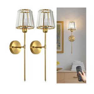 Crystal Wall Sconces Set of 2, Dimmable Wall Sconce with Plug in Cord and Dimmer Gold Plug in Wall Lamp Wall Mounted Light with Crystal Shade for Living Room Bedroom Vanity Light, Bulbs Included