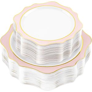 100 PCS White and Pink Disposable Plates for 50 Guests, Scalloped Plastic Plates Include 50 Dinner Plates and 50 Dessert Plates for Party, Wedding and Graduation
