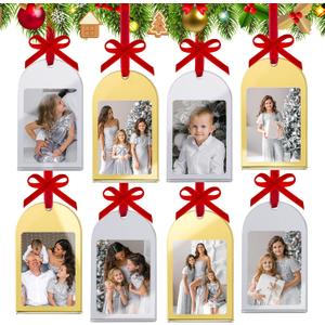 8Pcs Mini Vintage Gold Silver Christmas Acrylic Picture Frame Ornaments, 2x3 Inch Small Wall Hanging Double-Sided Photo Frames with Red Velvet Ribbon for Christmas Tree Gifts Polaroid instax Mini (Gold and Silver Joy Combo)