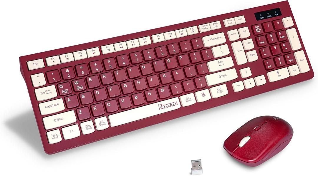 Wireless Keyboard and Mouse Combo, Reccazr 2.4G FullSized Keyboard and Mouse Cordless, 3 DPI Adjustable Mouse, DualSystem Keyboard for Computer/Laptop/Windows/Mac (Wine red)