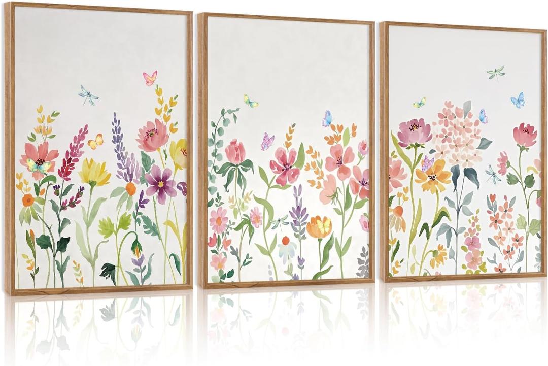 CHDITB Wildflower Framed Canvas Wall Art Set Of 3,Flower Artwork Modern Floral Wall Decor, Watercolor Nature Wall Painting, Minimalist Butterfly Art Prints For Bedroom Living Room Office Decor-12X16