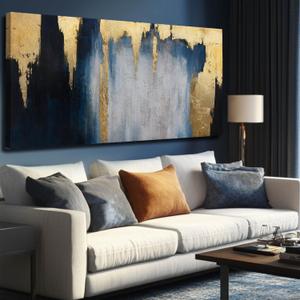 MLART99 Blue and White Abstract Wall Art Grunge Posters Gold Painting for Home Office 29"x 58" Gallery Wall Prints Large Size Artwork for Walls