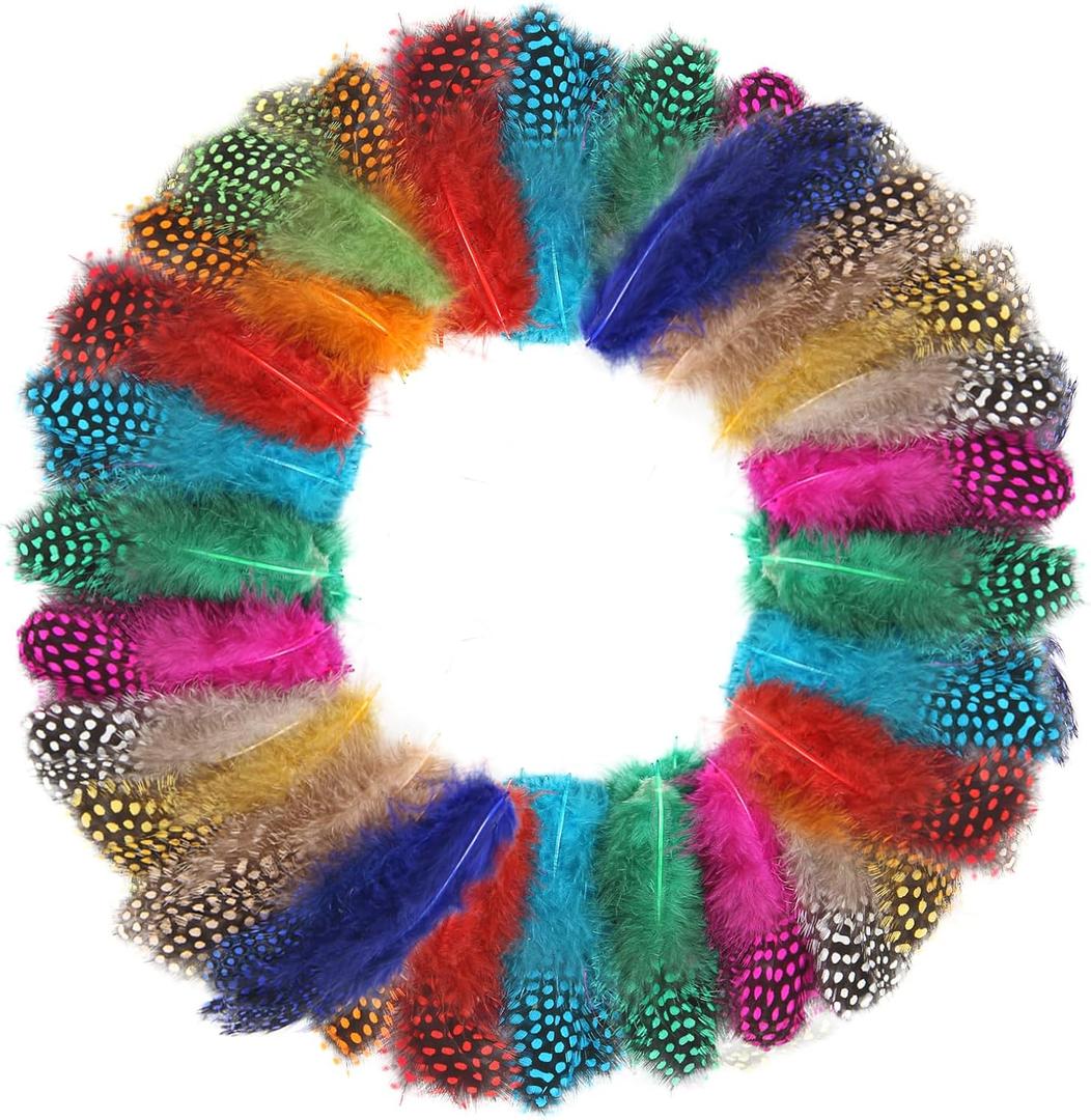 FeelfunFeather 240 pcs Colored Spotted Feathers 2-3inch Bulk Small Guinea Fowl Polka Dot Feather for DIY Crafts Clothing Hats Decoration