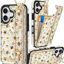 Petitian for iPhone 16 Plus Wallet Case - Women Girls Cute Girly Aesthetic Unique Design Leather Credit Card Holder Cardholder Stand Wristband for iPhone 16 Plus, Flower