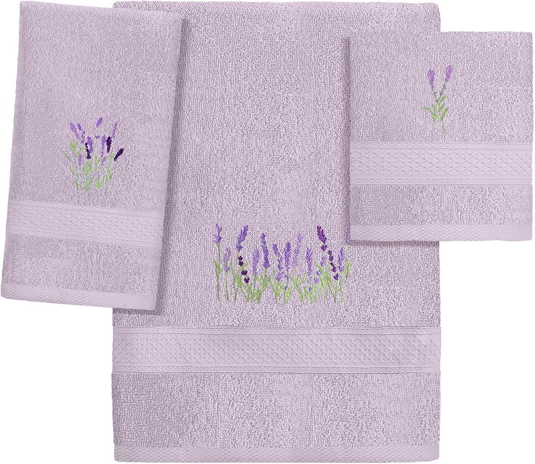 3 Pcs Lavender Floral Bathroom Towel Set Farmhouse Embroidered Lavender Floral Towels Vintage Decorative 100% Cotton Bath Towel Highly Absorbent Elegant Decor Set for Bathroom (Purple)