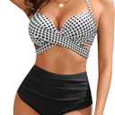 High Waisted Underwire Bikini Sets - Women 2025 Two Piece Swimsuits Halter Bathing Suits with Tummy Control Bottom (Large, Gray and Black Plaid)
