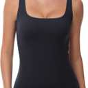 Women Tummy Control Shapewear Tank Tops Seamless Square Neck Compression Tops Slimming Body Shaper Camisole (Black, L)