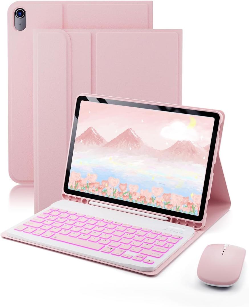 for iPad A16 11th / 10th Generation Case with Backlit Keyboard - 7 Color Change for iPad 10th Gen 2022 & 11th Gen 2025 A16 10.9/11 inch Cover - Built-in Pencil Holder with Mouse - Pink