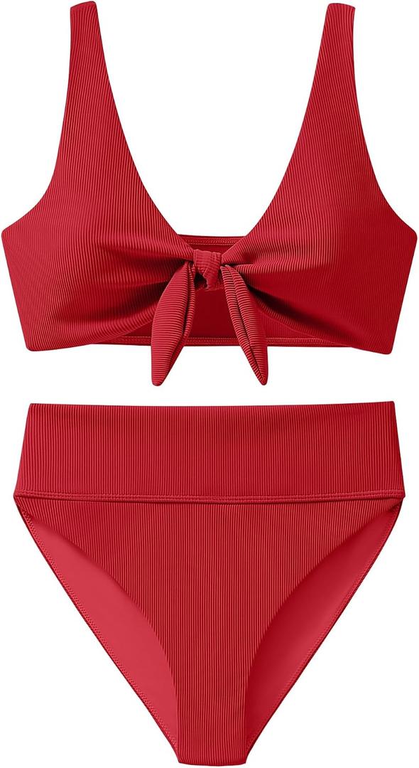 ANRABESS Bikini Sets for Women Summer High Waisted 2 Piece Bathing Suit Ribbed Tie Knot Swimsuit 2026 Beach Vacation Swimwear, Medium