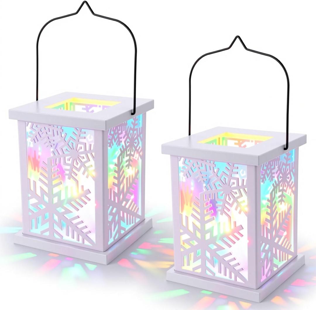 Honoson 2 Pcs Christmas Lanterns Decorative with LED String Lights Metal Hanging Xmas Vintage Lantern with Red Ribbon Berry for Indoor Outdoor Xmas Home Porch Party Decor(Snowflake)