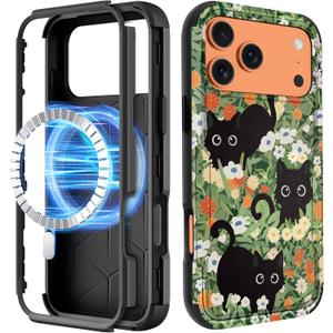 for iPhone 17 Pro Max Case - Compatible with MagSafe Women Girls Cute Magnetic Protective Phone Cover Black Cat Flowers Heavy Duty Shockproof Funda for iPhone 17 Pro Max Case