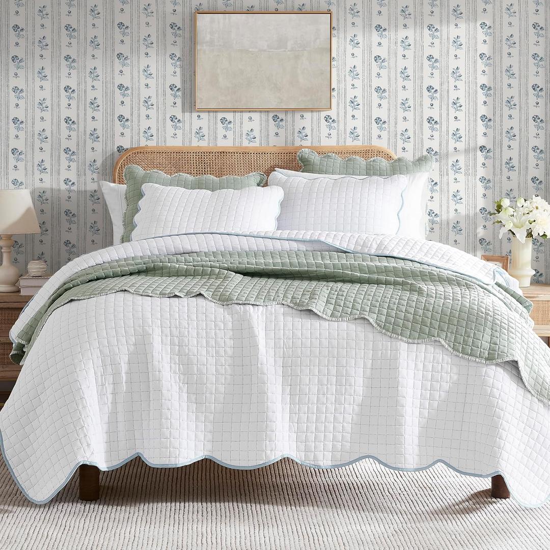 WDCOZY White Oversized California King Size Quilt Bedding Set, Cal King Scalloped Farmhouse Country Rustic Lightweight Soft Coverlet for All Season, Cute Cozy Kantha Pick Stitch Bedspread (White With Blue Edge Blue Stitching)