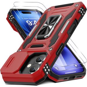 DEERLAMN Case for iPhone 17 6.3-Inch with Slide Camera Cover + Screen Protector (2 Packs), Rotated Ring Kickstand Military Grade Shockproof Protective Cover-Red