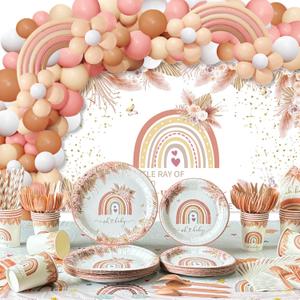Boho Baby Shower Decorations for Girl, 225 PCS Boho Rainbow Baby Shower Decorations Party Supplies (20 Guest) with Boho Paper Plates Cups Napkins Straws Tablecloth Backdrop Balloons Arch Kit
