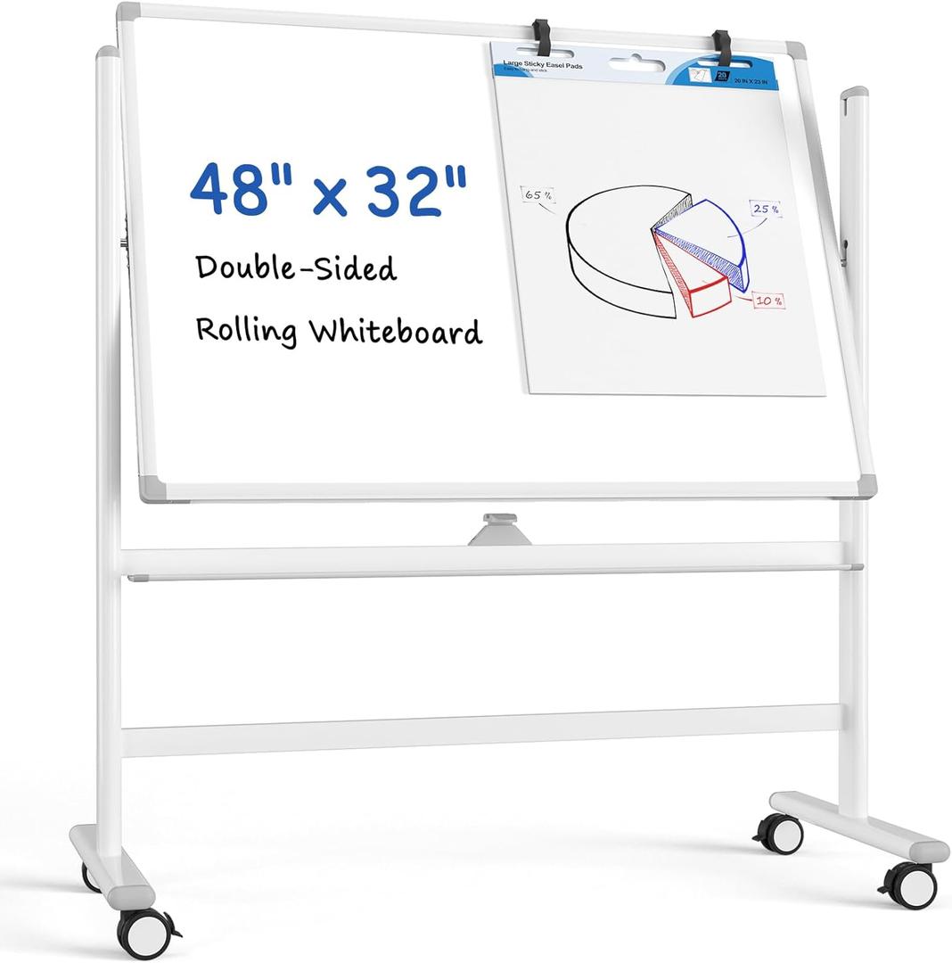 MaxGear Premium Large Rolling Whiteboard on Wheels, 48" x 32" Double-Sided Magnetic Dry Erase Board with Stand, Reversible Mobile Whiteboard with Aluminium Frame and Stand for Office, School
