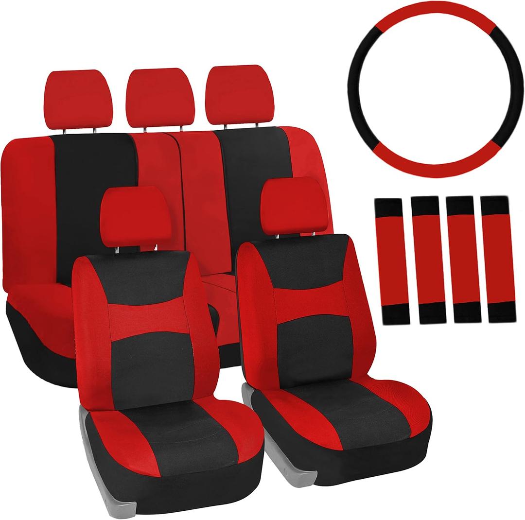 FH Group Stylish Car Seat Covers Front Set and Rear Split Function with Steering Wheel Cover and Seat Belt Pads Combo Set Red Seat Covers Interior Accessories Universal Fit for Cars Trucks & SUVs