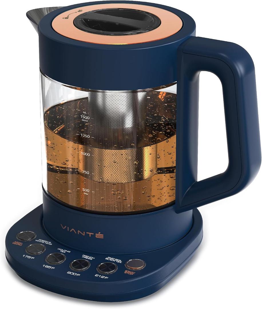 Viant Electric Kettle With Infuser For Loose Leaf Tea. Hot Tea Maker With Temperature Control And Automatic Shut Off. Kettle With Brewing Programs. 1.5 Liters Capacity | Midnight Blue Color