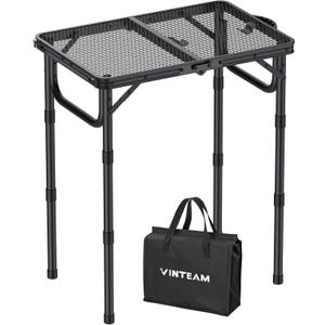 VINTEAM Camping Folding Grill Table | 3 Adjustable Heights | Lightweight, Portable Aluminum Table for BBQs, Picnic, and Outdoor Use | Mesh Desktop, 66lbs Weight Capacity