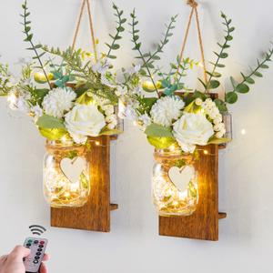 Party Joy Mason Jar Sconces Set of 2 Home Decor Wall Decor Rustic Wall Sconces with Remote Control LED Fairy Lights and Artificial Flowers Bathroom Decor Home Decor with Lights