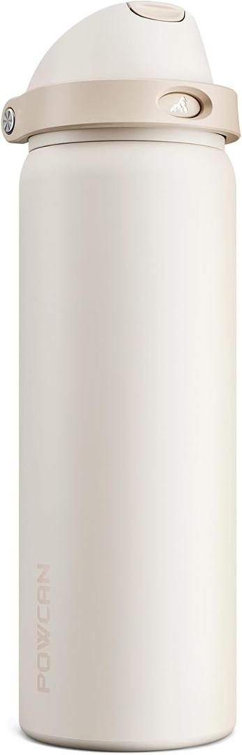 POWCAN 32 oz Insulated Water Bottle, 2-in-1 Push-Button Spout & Quick-Flip Straw Lid, Leakproof, Keep Cold 24Hrs, BPA-Free, Stainless Steel Water Bottle for Sports, School, Travel, Gym (Oat Mousse)