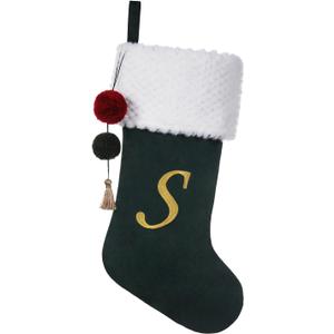 19.5 inches Personalized Velvet Christmas Stocking,Initials Embroidered Letter Christmas Stocking with pom poms, for Fireplace Hanging Decor and Xmas Gift(Green S)