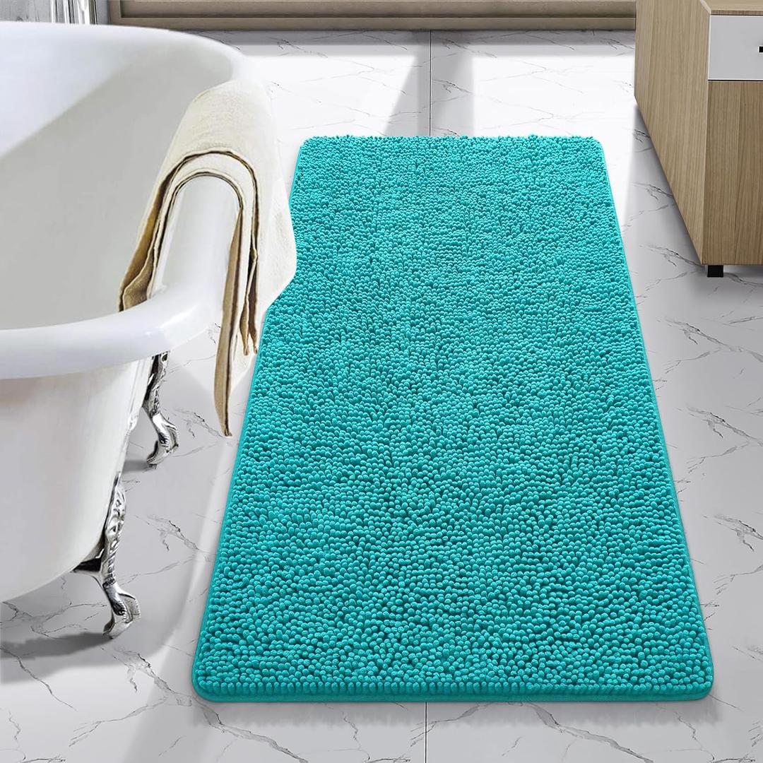 LOCHAS Luxury Bathroom Rug Shaggy Bath Mat 24 x 44 Inch, Washable Non Slip Bath Rugs for Bathroom Shower, Soft Plush Chenille Absorbent Carpets Mats, Teal Blue
