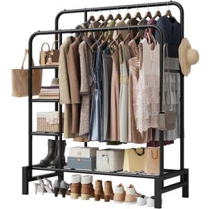 Clothes Rack for Hanging Clothes, Double Rods Clothing Rack with 3 Tier Storage Shelves, Multifunctional Heavy Duty Garment Rack for Bedroom, Laundry, Living Room, Black