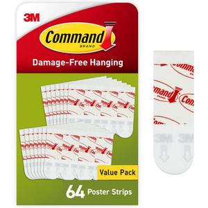 Command Poster Strips, Damage Free Hanging Poster Hangers, No Tools Wall Hanging Strips for Posters, 64 White Adhesive Strips