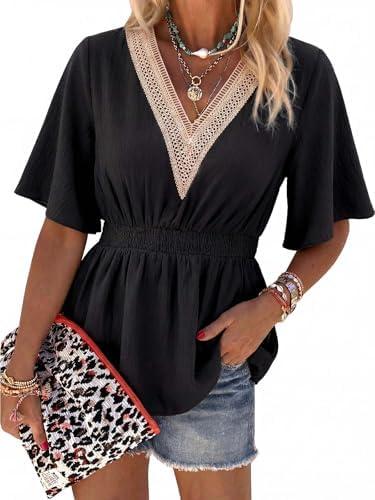 HEYTALALA Womens Peplum Tops Summer Lace Short Sleeve V Neck Shirts Dressy Casual Babydoll Blouses Large