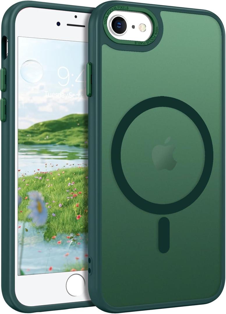 GUAGUA Compatible with iPhone SE 2022/2020 Case, Magnetic Cases for iPhone 6/6S/7/8, Compatible with MagSafe Translucent Matte Skin Feeling Shockproof iPhone SE 3rd/2nd 4.7" Cover, Blackish Green