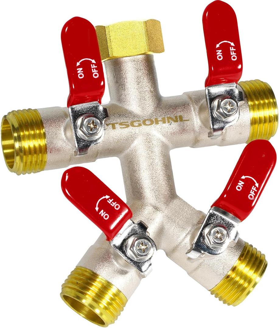Heavy Duty Brass Garden Hose Splitter, Freeze and Sun Resistant Outdoor Faucet 4-Way Valve, Nickel Plated for Rust Resistance, 3/4 GHT (red)