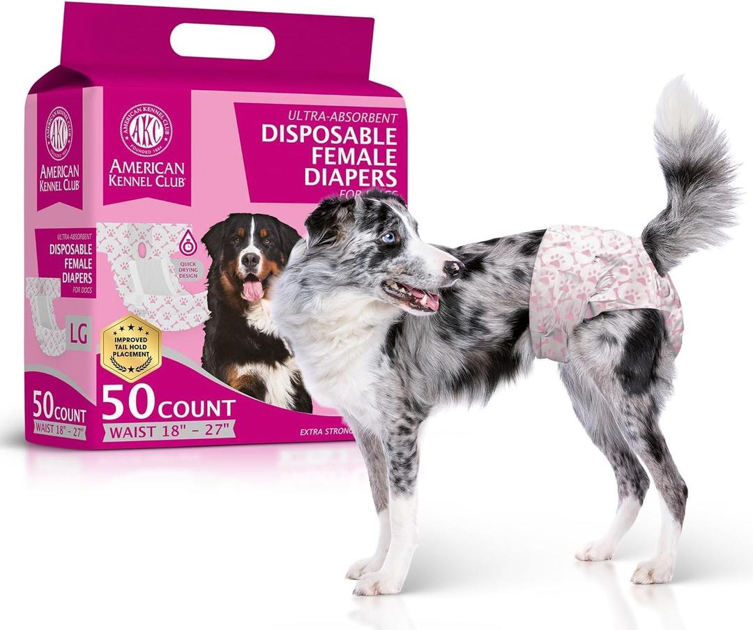 American Kennel Club Female Dog Wrap, Disposable Diapers with Wetness Indicator (L – High Tail (18–27 in), 50, Count)