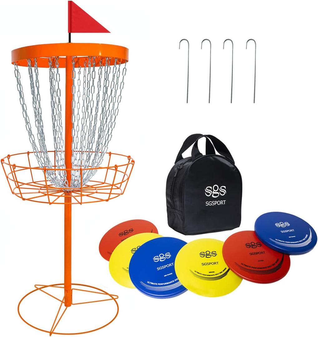 Disc Golf Basket - Portable Disc Golf Target with Heavy Duty 24-Chains Come with 6pcs Disc Golf Discs and Carry Bag, Ground Stake -Suitable for Players of All Levels