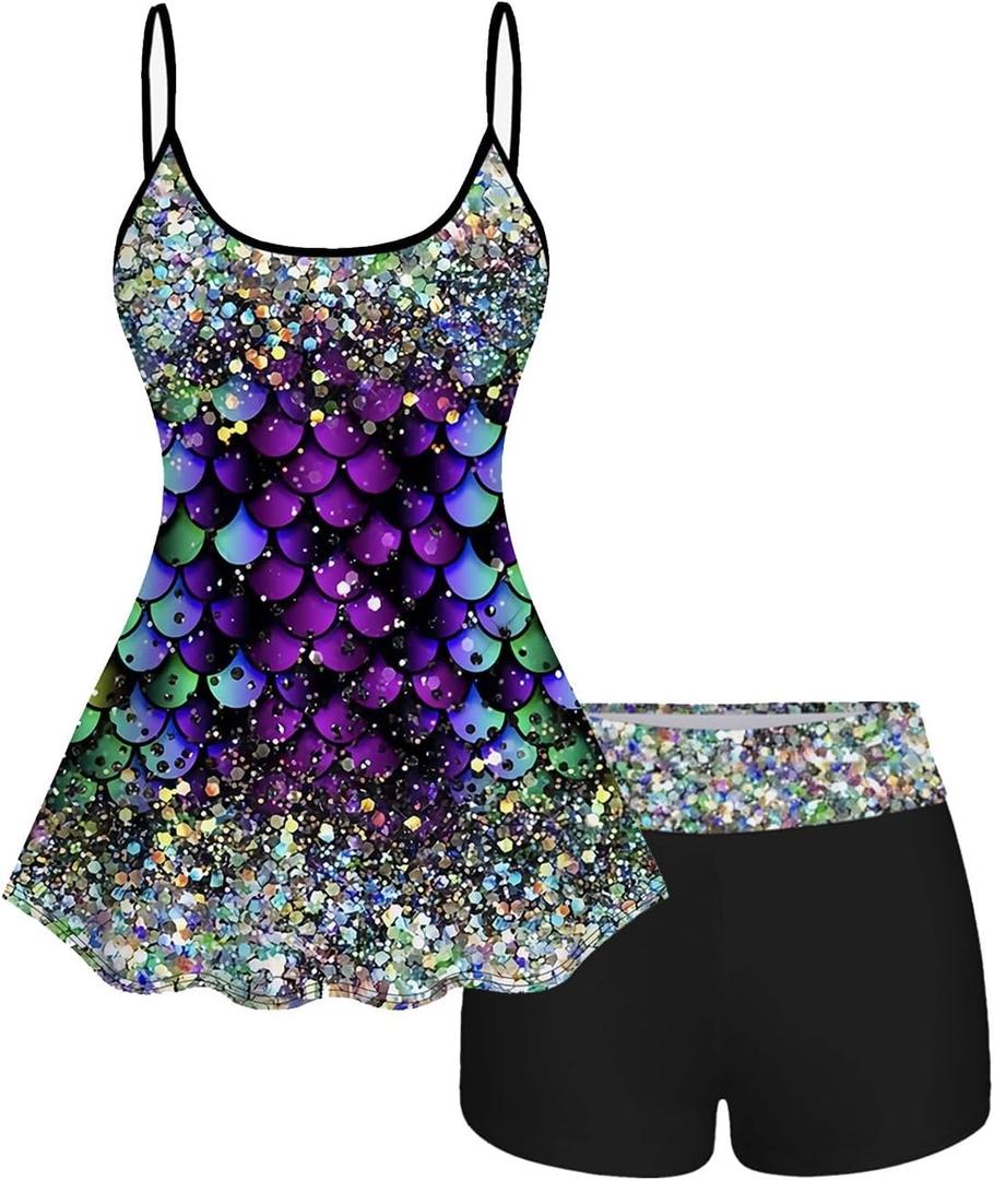 ROSE GAL Women Plus Size Hawaii Two Piece Tankini Swimsuit Set 3D Glitter Mermaid Print Padded Cami Swim Top and Boyleg Swimsuits 2 Piece Bathing Suits Tummy Control Swimwear(Black_1/ L)