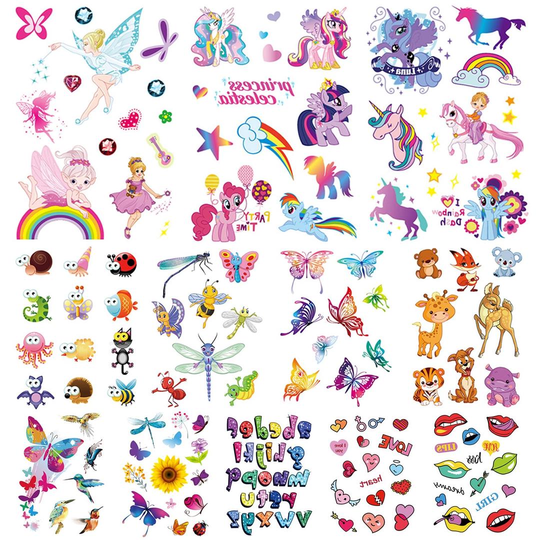 Temporary Tattoo Stickers for Kids, Fake Glitter Tattoos for Boys Girls, Gift for Birthday, Party, Group Activities, Festive, Waterproof Butterfly, Fairy, Letter, Animals,12 Sheets (145+Design)