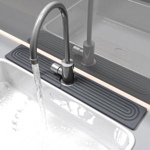 Stone Faucet Mat for Kitchen Sink, 23.6 Inch Quick Dry Sink Stone with Anti-Slip Pads - Adjustable Diatomite Splash Guard Tray for Kitchen Sink Faucet, Dark Gray 2-Piece Set