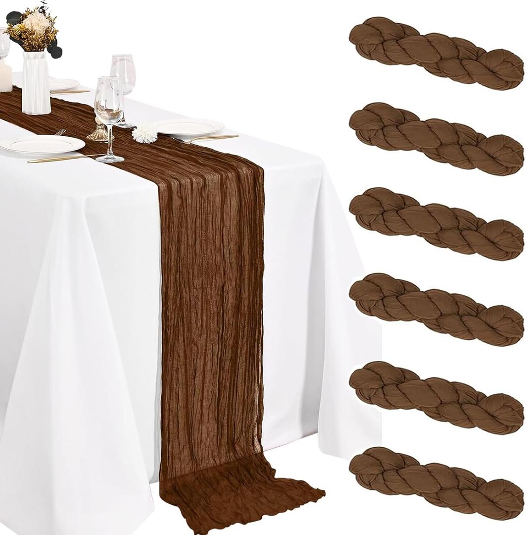 6 Pack Cheesecloth Table Runner 20 x 120 Inch Brown Boho Gauze Cheese Cloth Table Runners 10 FT Long Rustic Sheer Table Decorations for Wedding Party Baby Bridal Shower Birthday Holiday Home