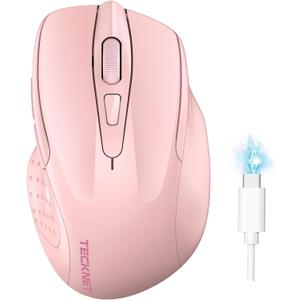 TECKNET Wireless Mouse (BT5.0/3.0 & 2.4G) Rechargeable 4800 DPI Silent USB A & Bluetooth Mouse 6 Buttons, Wide Compatibility - Pink