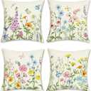 Bonhause Spring Floral Throw Pillow Covers 18 x 18 Inch Colorful Flowers Leaves Decorative Pillow Cases for Couch Sofa Home Garden Outdoor Summer Spring Decor, Set of 4