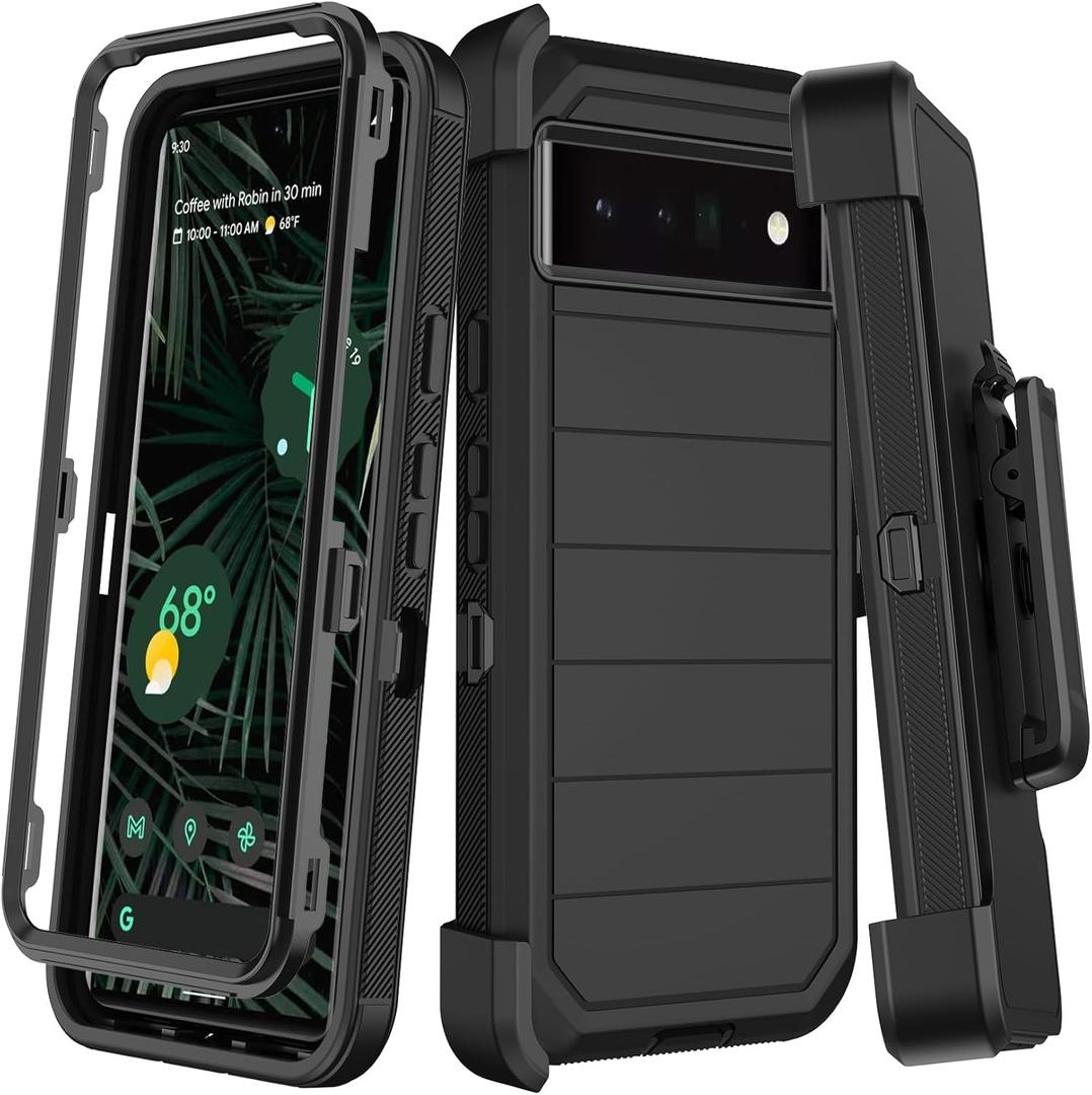 for Google Pixel 6 Pro Case with Belt Clip Holster,2X Screen Protector,Heavy Duty Shockproof Drop Protection Military Grade Full Body Rugged Phone Cover with Kickstand Black